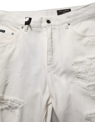 Dolce & Gabbana White Cotton Distressed Straight Denim Jeans