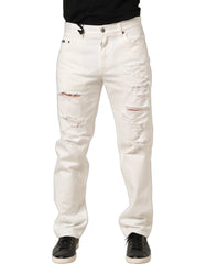 Dolce & Gabbana White Cotton Distressed Straight Denim Jeans