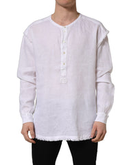 Dolce & Gabbana White Linen Logo Long Sleeves Casual Shirt