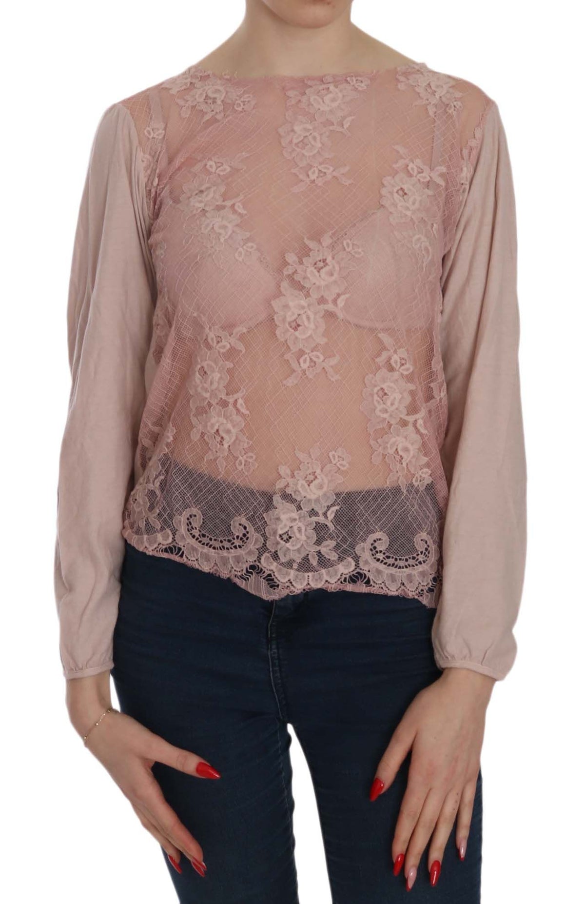 PINK MEMORIES Elegant Pink Lace Boat Neck Blouse