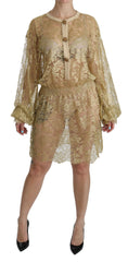 Dolce & Gabbana Gold Lace See Through A-Line Knee Length Dress