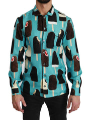 Dolce & Gabbana Blue Silk Ice Cream Print Casual Shirt