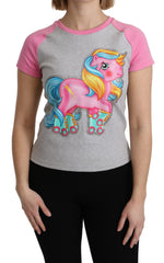 Moschino Chic Gray Crew Neck Cotton T-shirt with Pink Accents