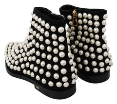 Dolce & Gabbana Black Suede Pearl Studs Boots Shoes