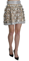 Dolce & Gabbana Silver Silk Crystal High Waist Mini Skirt