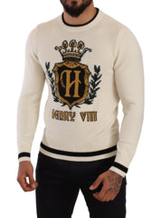 Dolce & Gabbana White Heraldic Cashmere Pullover Sweater