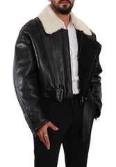 Dolce & Gabbana Black Leather Shearling Biker Coat Jacket