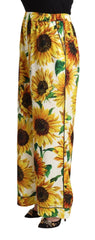 Dolce & Gabbana White Sunflower Print Mid Waist Wide Leg Pants