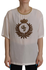 Dolce & Gabbana Elegant Silk Blouse with Gold Crown Embroidery