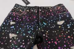 Dolce & Gabbana Black Multicolor Print Tattered Denim Jeans