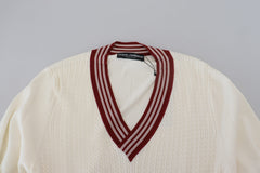 Dolce & Gabbana White Red Knitted V-neck Pullover Sweater