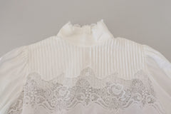 Dolce & Gabbana White Cotton Lace Trim Turtle Neck Blouse Top