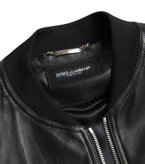 Dolce & Gabbana Black Leather Full Zip Bomber Men Jacket