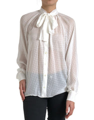 Dolce & Gabbana White Silk Sheer Tied Neck Polka Dots Blouse