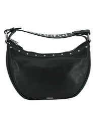 Versace Elegant Black Leather Hobo Shoulder Bag