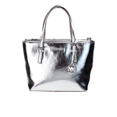 Michael Kors Jet Set Silver Metallic XS Carryall Top Zip Tote Bag Purse