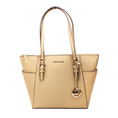 Michael Kors Charlotte Camel Large Leather Top Zip Tote Bag Purse