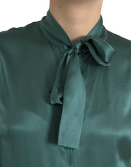 Dolce & Gabbana Dark Green Silk Ascot Collar Blouse Top