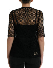 Dolce & Gabbana Black Floral Lace Short Sleeves Blouse Top