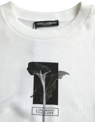 Dolce & Gabbana White Floral Cotton Crew Neck Pullover Sweater