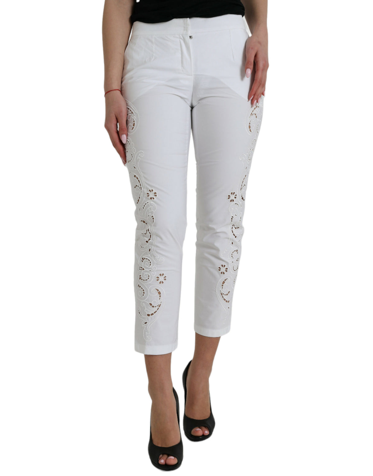 Dolce & Gabbana White Cut Out Cotton Mid Waist Cropped Pants
