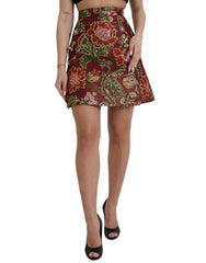 Dolce & Gabbana Maroon Floral Jacquard A-line Mini Skirt
