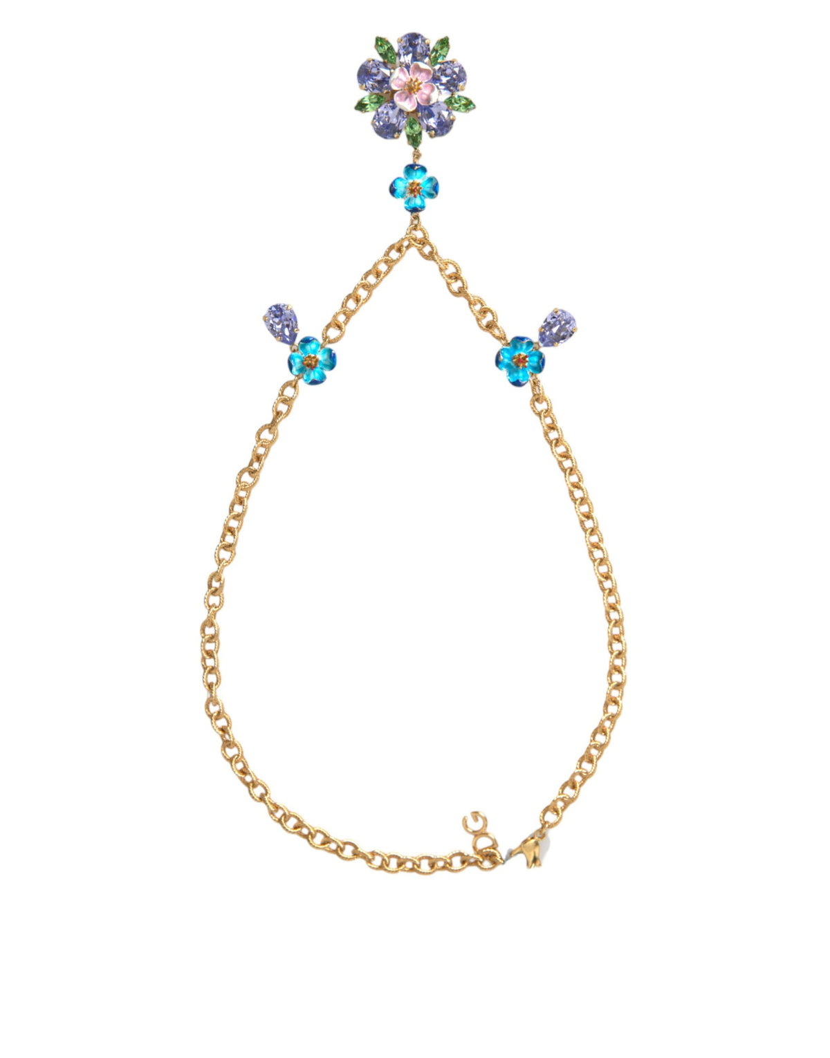 Dolce & Gabbana Gold Brass Chain Crystal Floral Pendant Charm Necklace