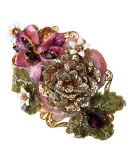 Dolce & Gabbana Gold Brass Floral Crystal Sequined Hair Clip