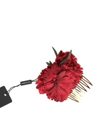 Dolce & Gabbana Red Silk Floral Gold Brass Women Hair Comb