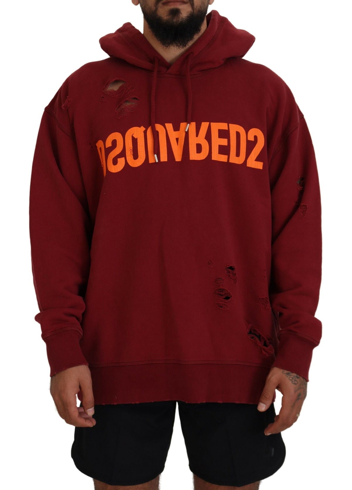 Dsquared² Maroon Cotton Tattered Hooded Printed Pullover Sweater