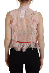 Dsquared² Pink Floral Print Silk Sleeveless Ascot Collar Top