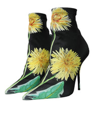 Dolce & Gabbana Black Floral Jersey Stretch Ankle Boots Shoes