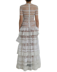 Dolce & Gabbana White Nylon Sheer Tiered Lace Maxi Dress