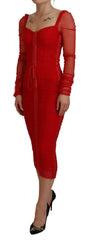 Dolce & Gabbana Red Mesh Trim Bodycon Sheath Midi Dress