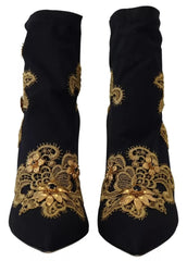 Dolce & Gabbana Black Gold Embroidery Slip On Boots Shoes