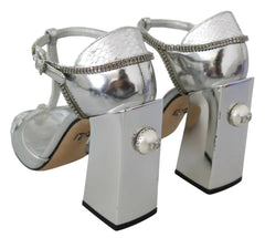 Dolce & Gabbana Silver Crystals T-strap Sandals Leather Shoes