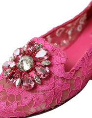 Dolce & Gabbana Pink Lace Crystal Ballet Loafers Shoes