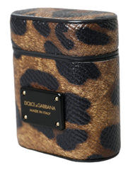 Dolce & Gabbana Brown Leopard Calf Leather Metal Logo Plaque Airpods Case