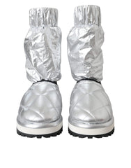 Dolce & Gabbana Metallic Silver Quilted Logo Patch Boot Shoes