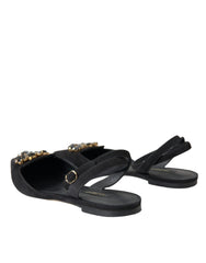 Dolce & Gabbana Black Leather Crystal Slingback Sandals Shoes