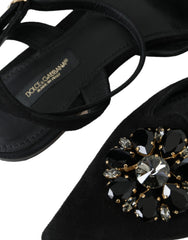 Dolce & Gabbana Black Leather Crystal Slingback Sandals Shoes