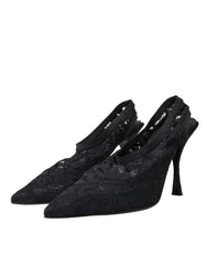 Dolce & Gabbana Black Lace Stretch Heels Slingbacks Shoes