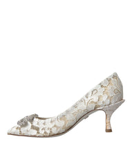Dolce & Gabbana White Floral Lace DG Crystal Pumps Shoes