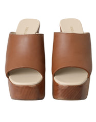 Dolce & Gabbana Brown Leather Wood Mules Wedge Slides Shoes