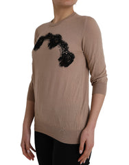 Dolce & Gabbana Brown Wool Black Lace 3/4 Sleeve Blouse Top