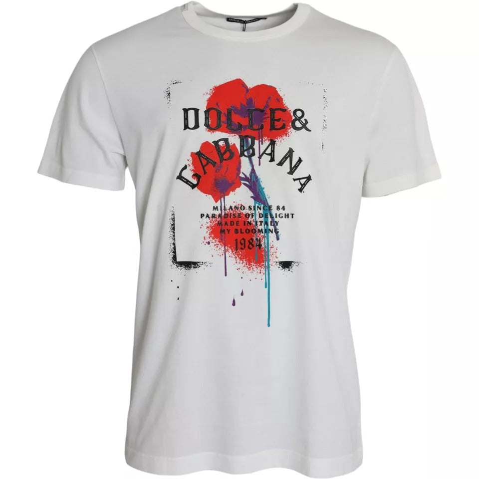 Dolce & Gabbana White Logo Floral Cotton Crew Neck T-shirt