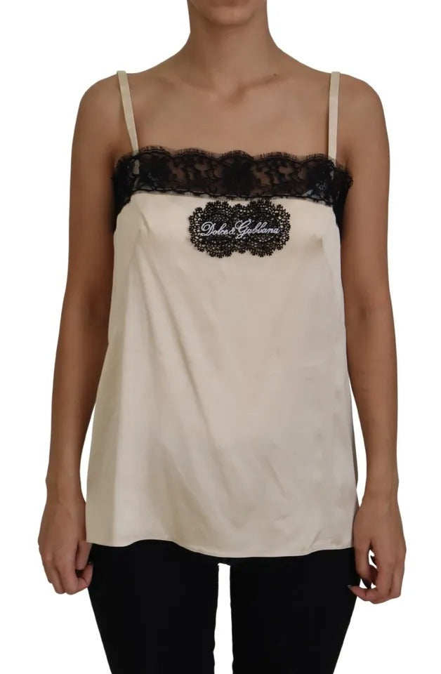 Dolce & Gabbana Beige Lace Spaghetti Logo Embroidery Top