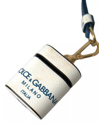 Dolce & Gabbana White Blue Calf Leather Logo Print Strap Airpods Case