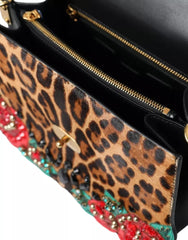 Dolce & Gabbana Multicolor Leopard Crystal Roses WELCOME Fur Bag