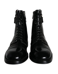 Dolce & Gabbana Black Logo Lace Up Mid Calf Men Boots Shoes